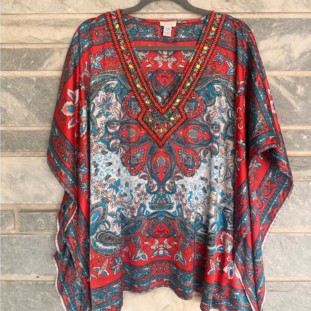 Chico’s Embellished Paisley Caftan Top – S/